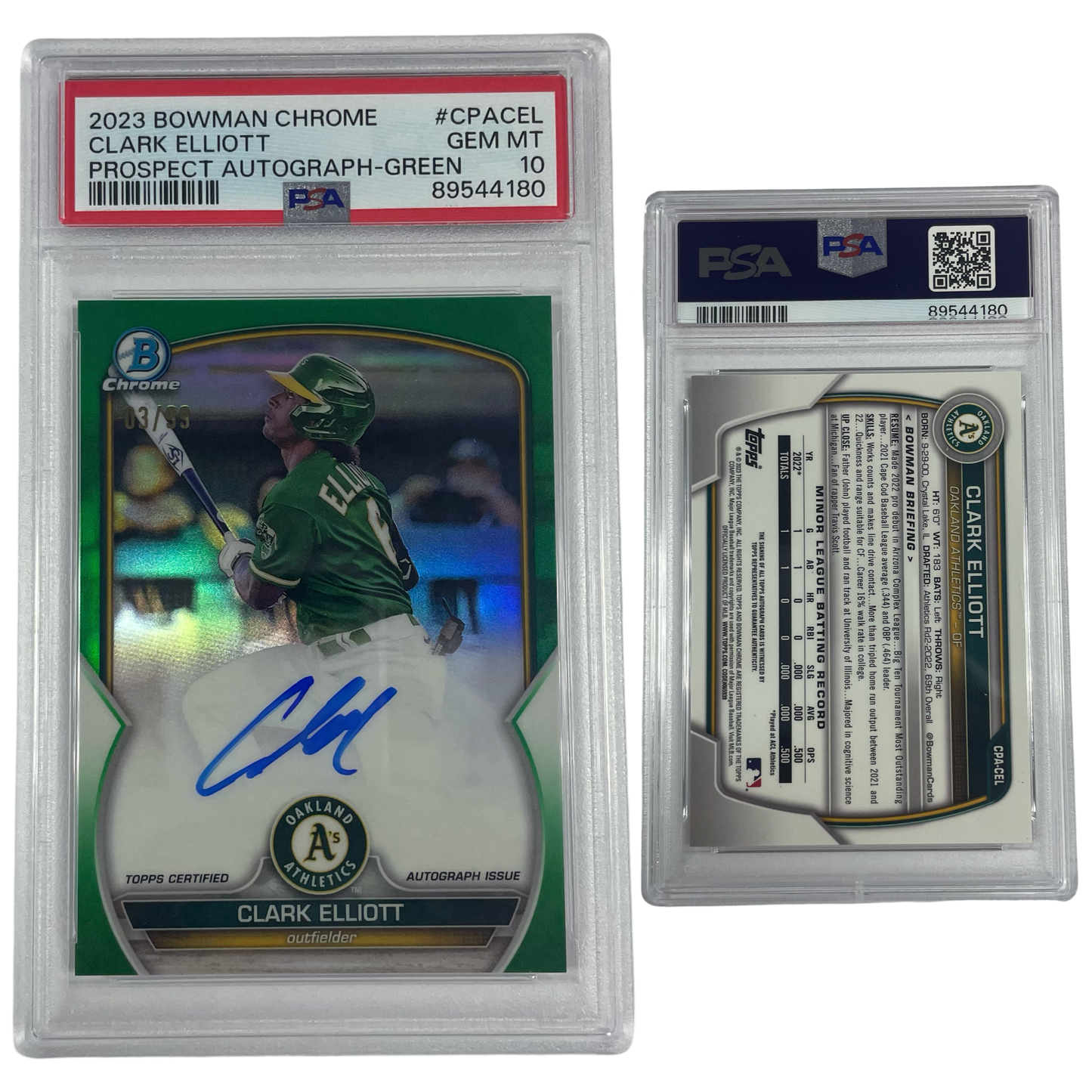 2023 Clark Elliott Autographed Bowman Chrome Prospects Green Refractor /99 #CPACEL PSA GEM MT 10