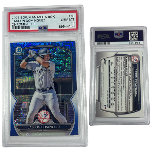 2023 Jasson Dominguez Bowman Mega Box Chrome Blue Refractor /150 #18 PSA GEM MT 10