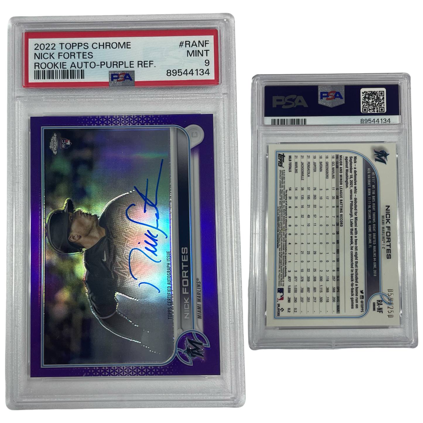 2022 Nick Fortes Autographed Topps Chrome Rookie Purple Refractor #RANF PSA MINT 9