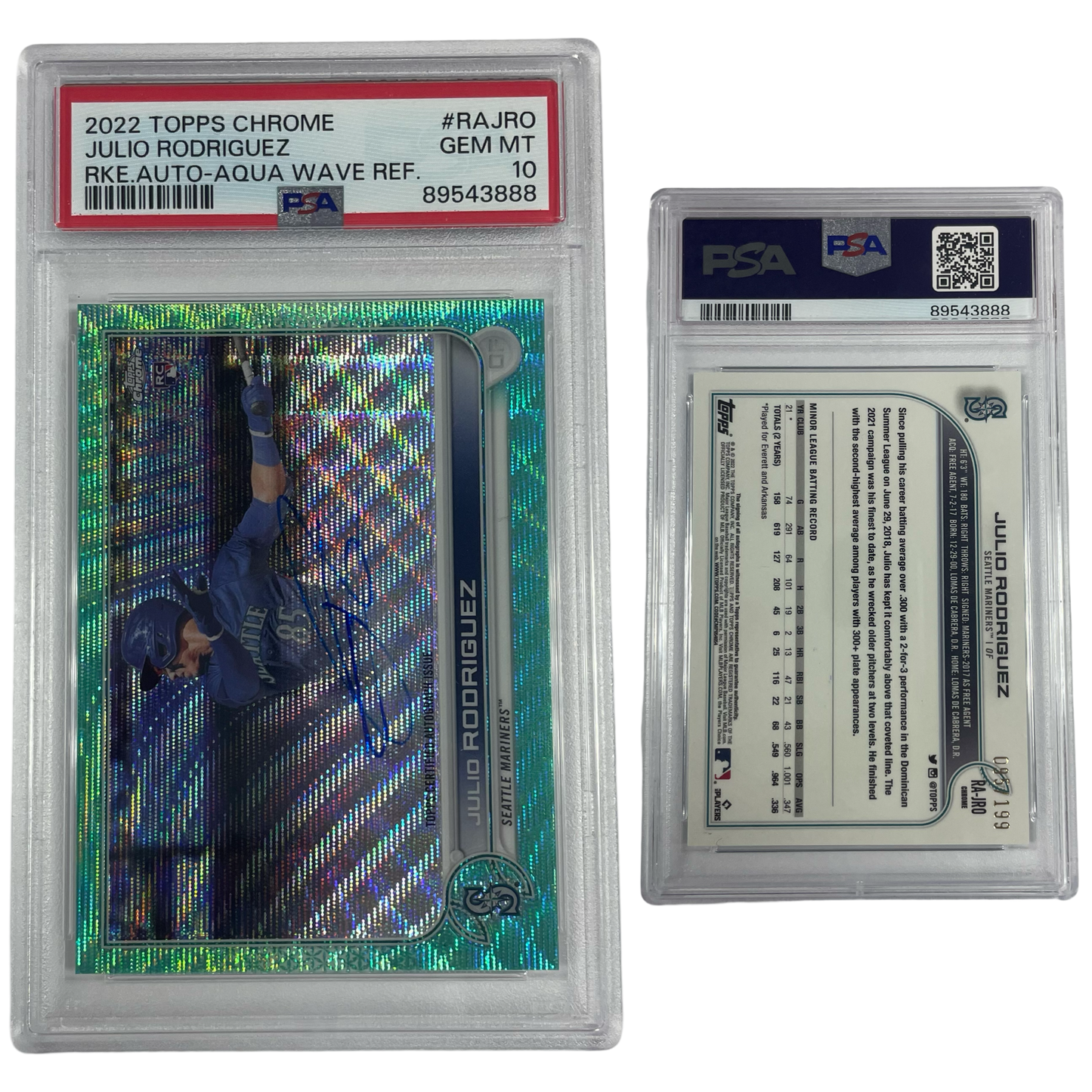 2022 Julio Rodriguez Autographed Topps Chrome Rookie Aqua Wave Refractor /199 #RAJRO PSA GEM MT 10