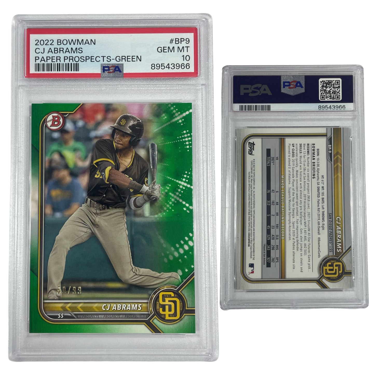2022 CJ Abrams Bowman Paper Prospects Green /99 #BP9 PSA GEM MT 10