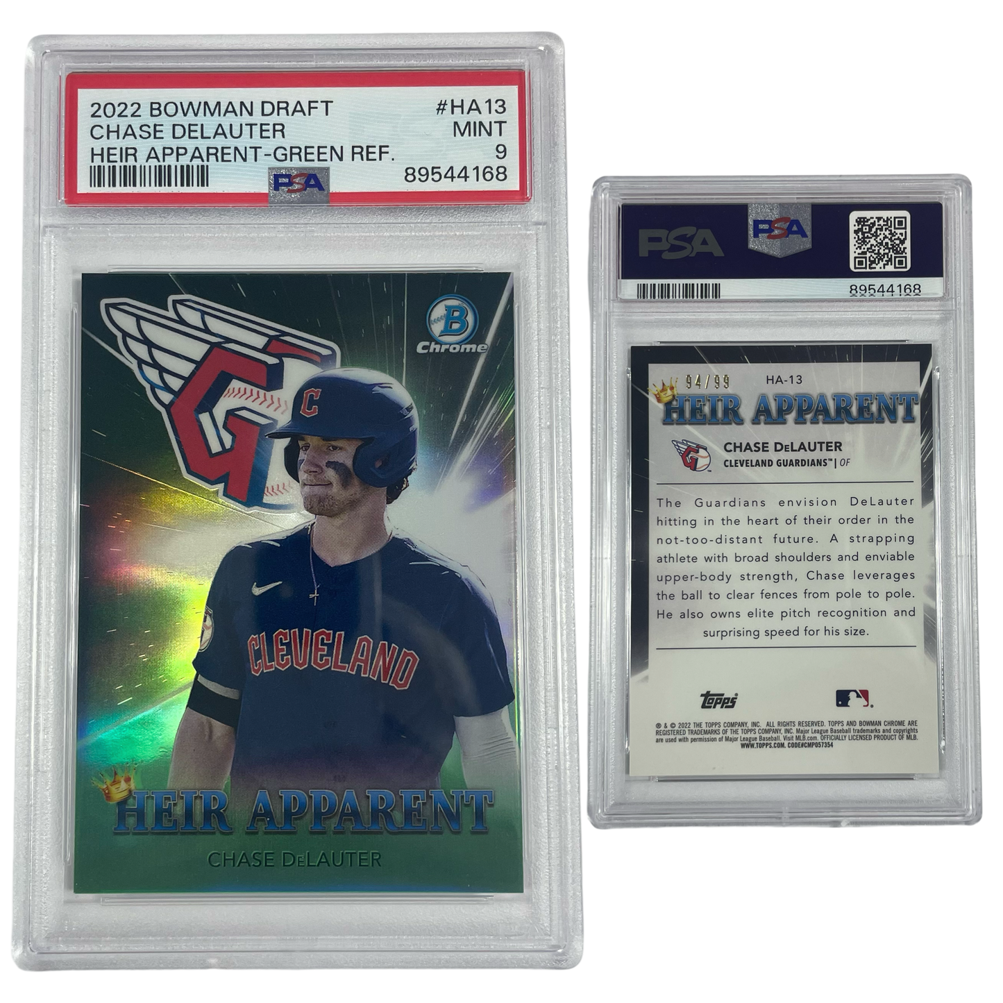 2022 Chase DeLauter Bowman Draft Heir Apparent Green Refractor /99 #HA13 PSA MINT 9