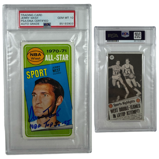 1970-71 Jerry West Autographed Topps NBA West All-Star “NBA Top 50-75” Inscription #107 PSA GEM MT 10