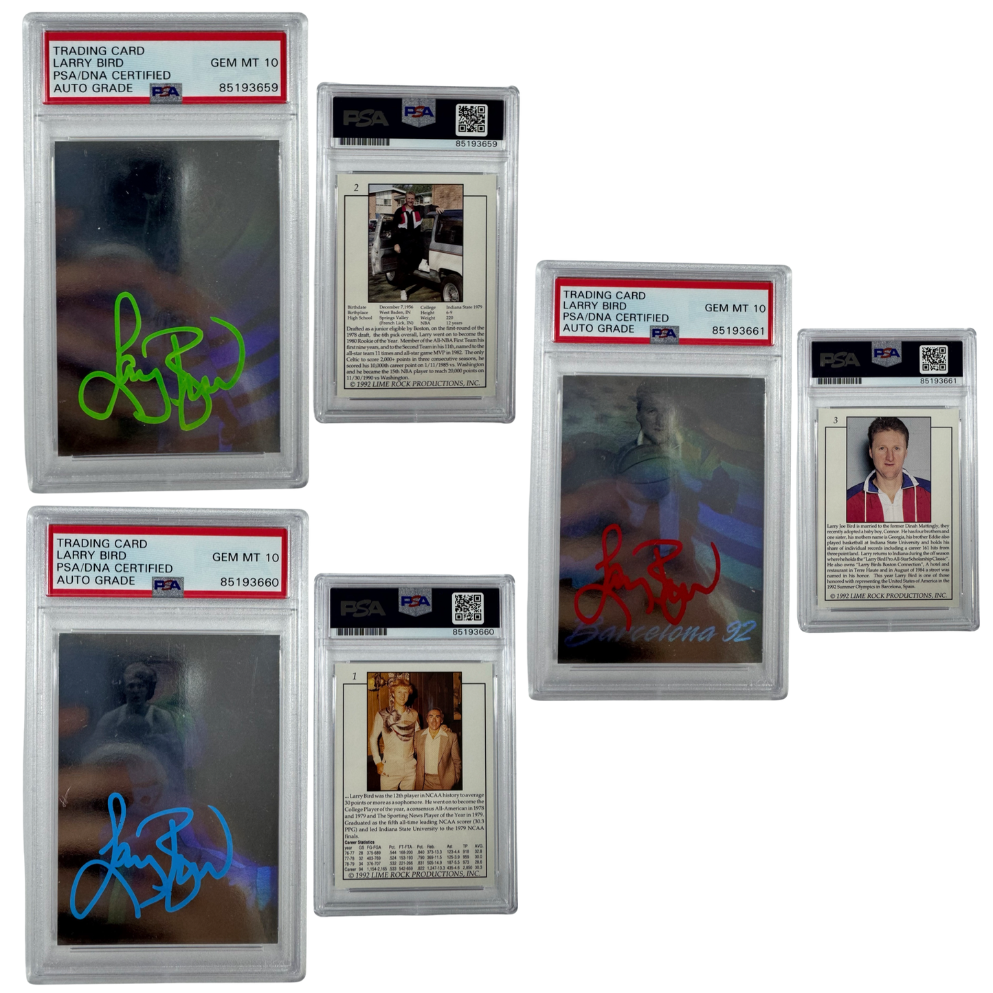 1992 Larry Bird Autographed Lime Rock Productions Card Set #1 #2 #3 Boston Celtics, Dream Team, Indiana State PSA Auto GEM MT 10