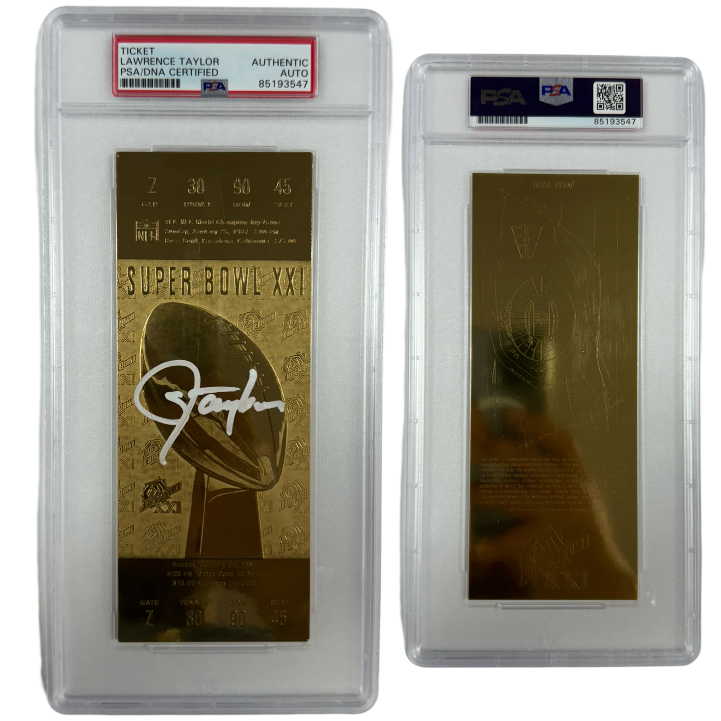 Lawrence Taylor Autographed New York Giants Super Bowl XXI Gold Ticket PSA Auto Authentic