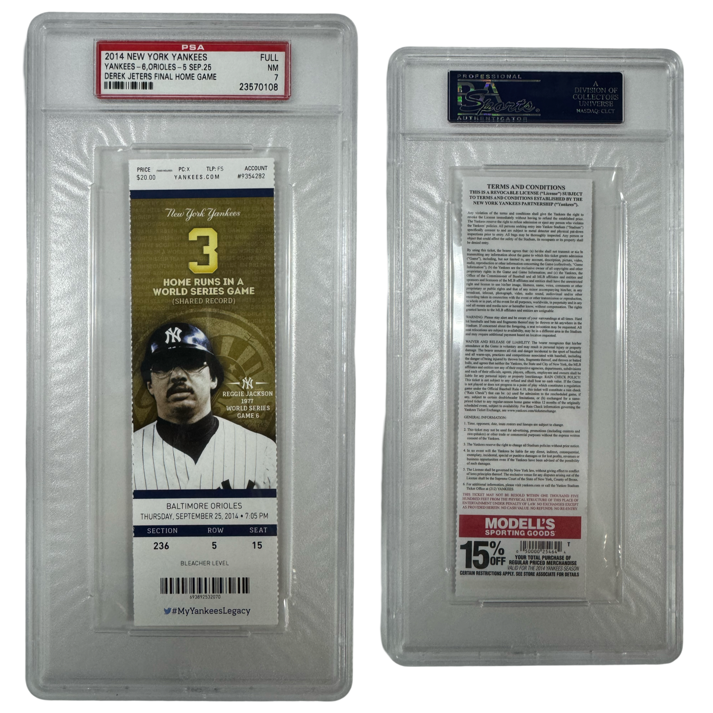 2014 New York Yankees Derek Jeter’s Final Home Game Ticket 9/25/14 PSA NM 7