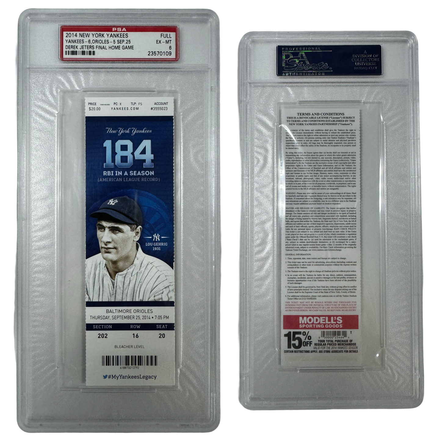 2014 New York Yankees Derek Jeter’s Final Home Game Ticket 9/25/14 PSA EX NM 6