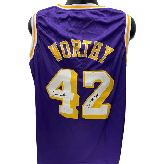 James Worthy Autographed Los Angeles Lakers Purple Jersey 3x NBA Champ Inscription PSA