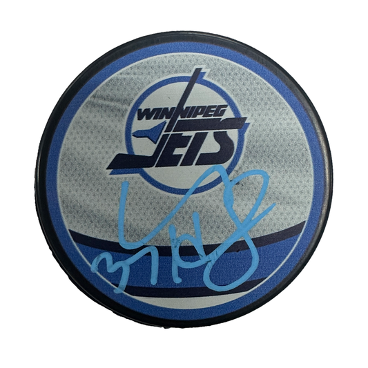 Connor Hellebuyck Autographed Winnipeg Jets Logo Puck JSA