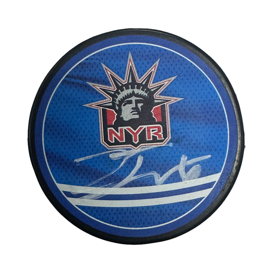 Zach Jones Autographed New York Rangers Logo Puck