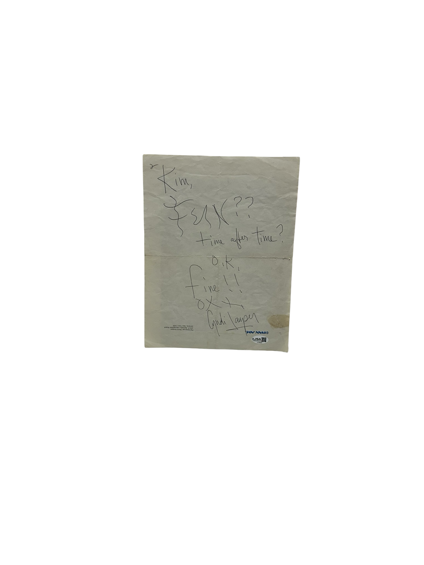 Cindy Lauper Autographed Time after Time Letter 8x10 JSA