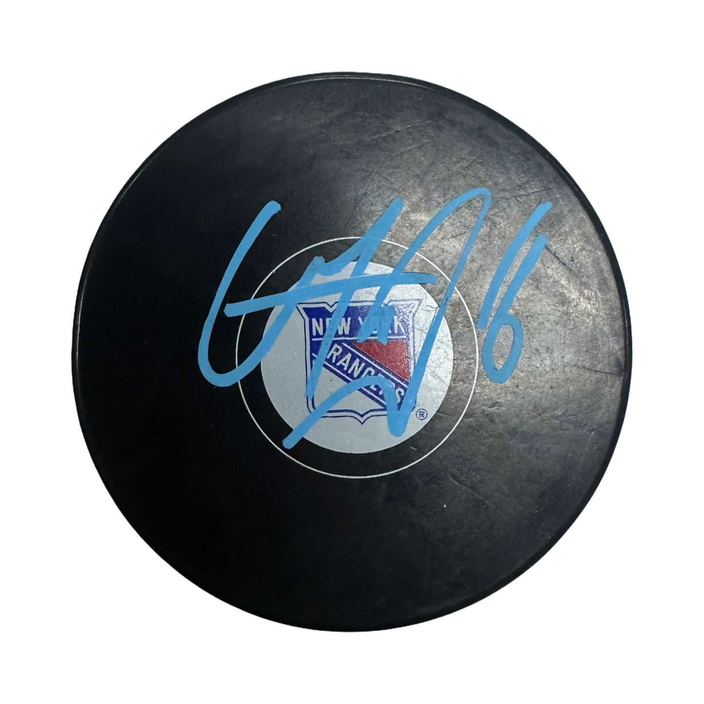 Vincent Trocheck Autographed New York Rangers Light Blue Ink Logo Puck JSA