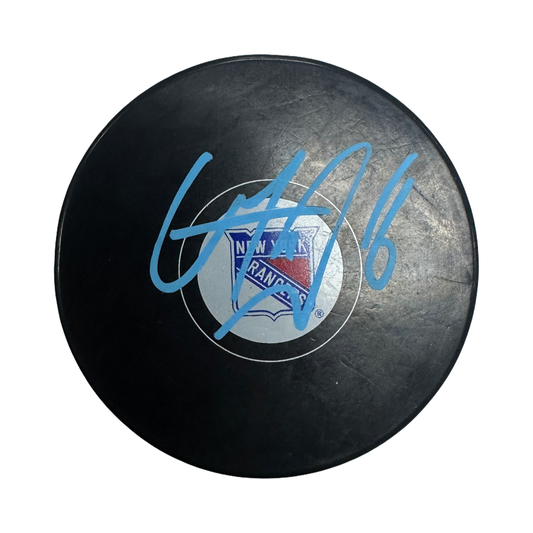 Vincent Trocheck Autographed New York Rangers Light Blue Ink Logo Puck JSA