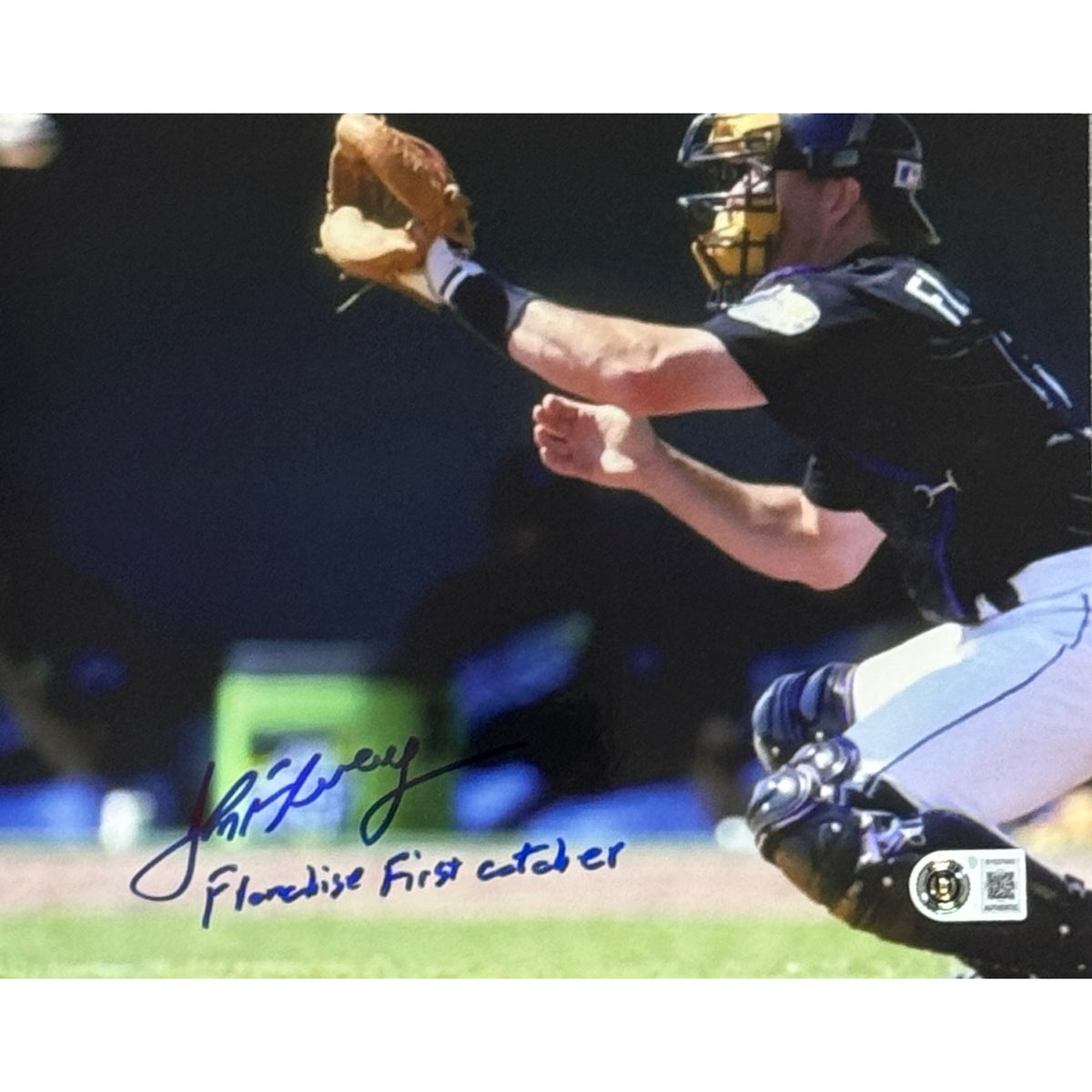 John Flaherty Autographed Tampa Bay Devil Rays 8x10 Catching Inscribed Beckett BAS