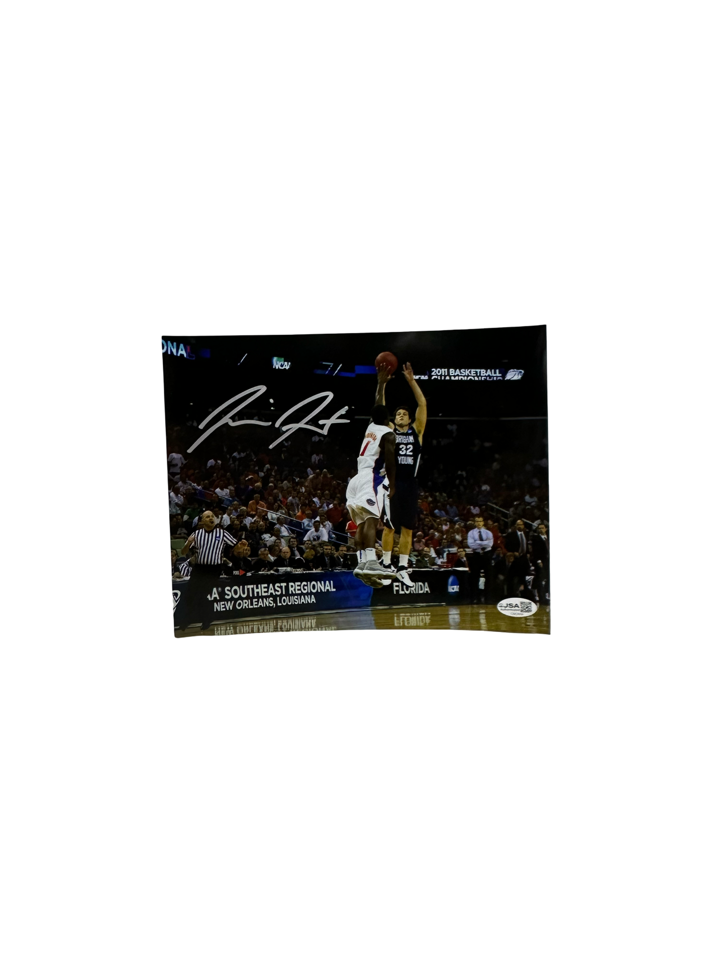 Jimmer Fredette Autographed BYU Cougars Navy Horizontal 8x10 JSA