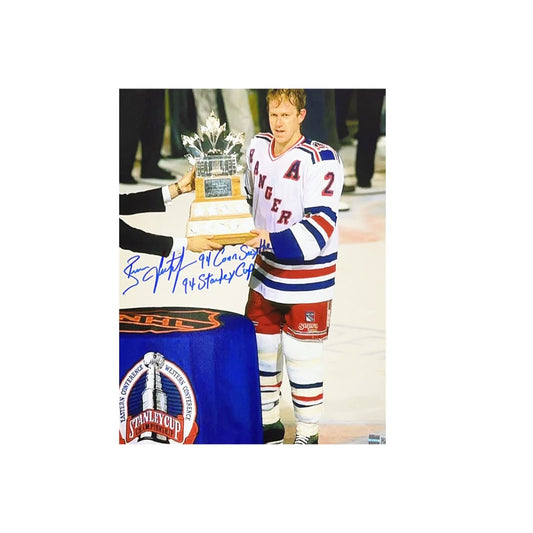 Brian Leetch Autographed New York Rangers Calder Trophy 11x14 “94 Conn Smythe, 94 Stanley Cup” Inscriptions Steiner CX