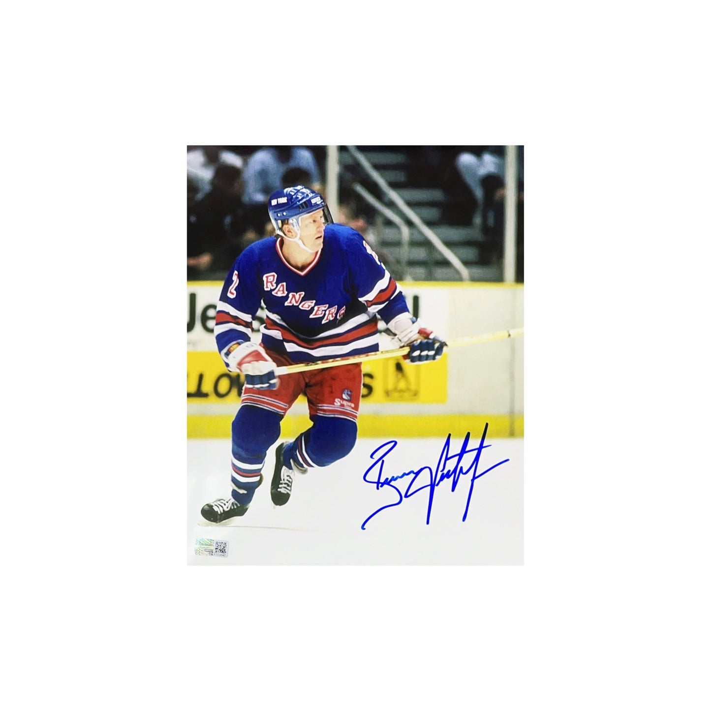 Brian Leetch Autographed New York Rangers Skating Vertical 8x10 Steiner CX