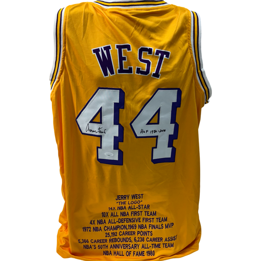 Jerry West Autographed Los Angeles Lakers Yellow Stat Jersey HOF 1980-2010 Inscription JSA
