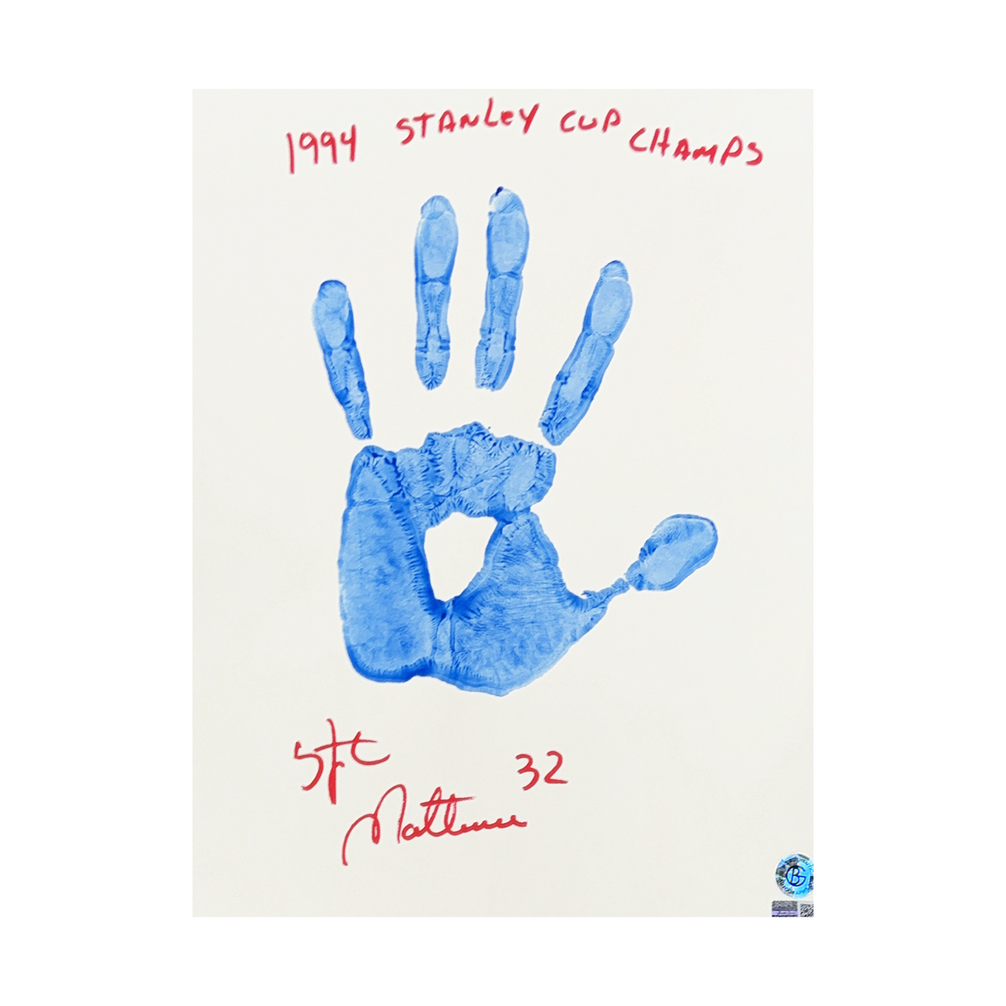Stephane Matteau Autographed New York Rangers 11x14 w/ Blue Handprint 1994 Stanley Cup Champs Inscription Steiner CX