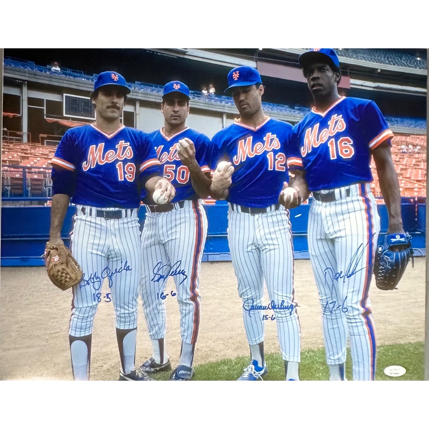 1986 Mets Starting Four Doc Gooden, Bobby Ojeda, Ron Darling & Sid Fernandez Autographed New York Mets 16x20 Photo Blue Ink Pitching records JSA COA