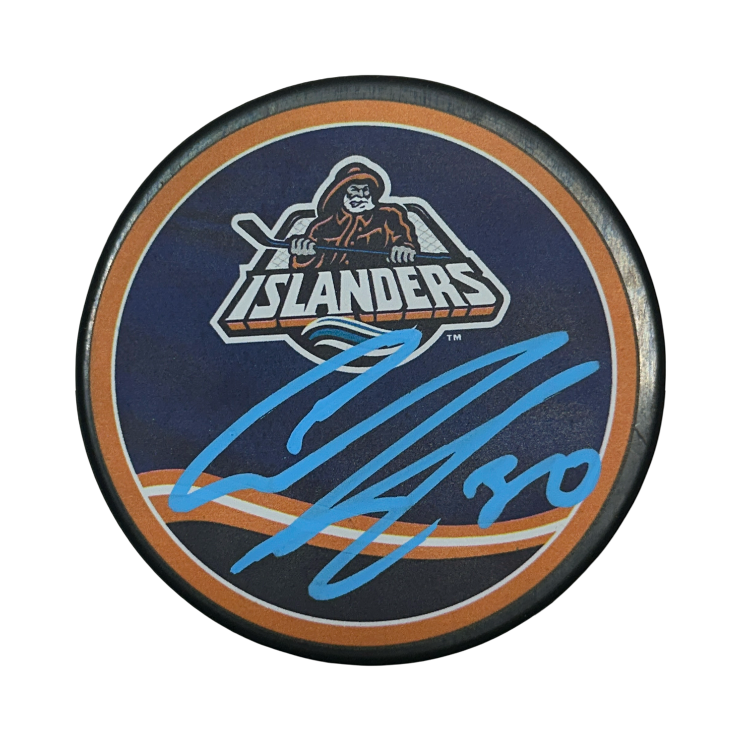 Ilya Sorokin Autographed New York Islanders Mascot Logo Puck Light Blue Ink Beckett