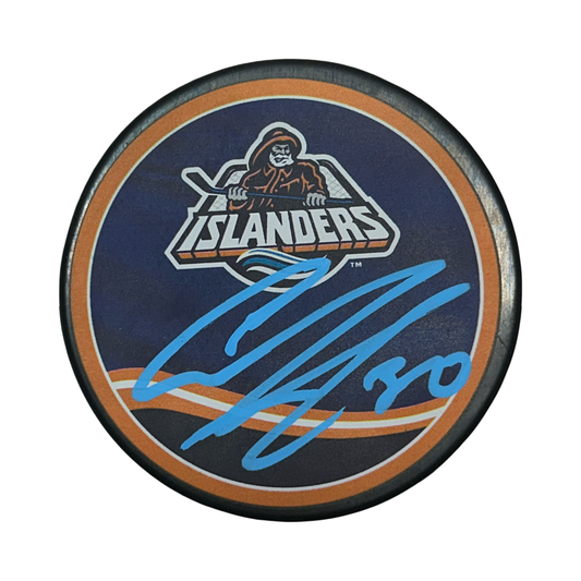 Ilya Sorokin Autographed New York Islanders Mascot Logo Puck Light Blue Ink Beckett