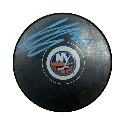 Ilya Sorokin Autographed New York Islanders Logo Puck Light Blue Ink Beckett