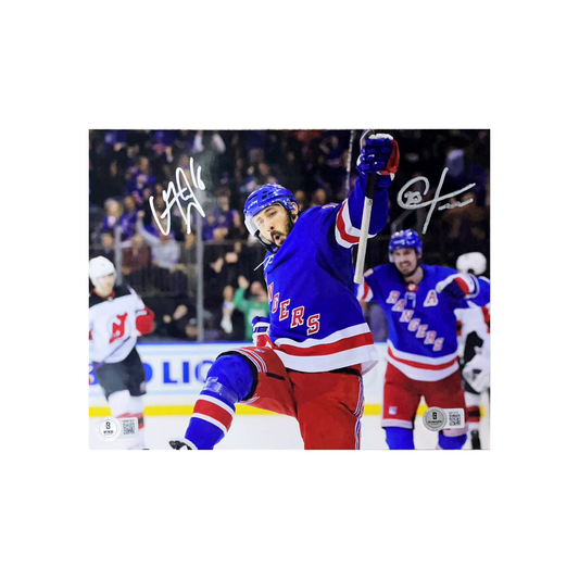Chris Kreider & Vincent Trocheck Autographed New York Rangers Blue Jersey Fist Pump 8x10 Beckett
