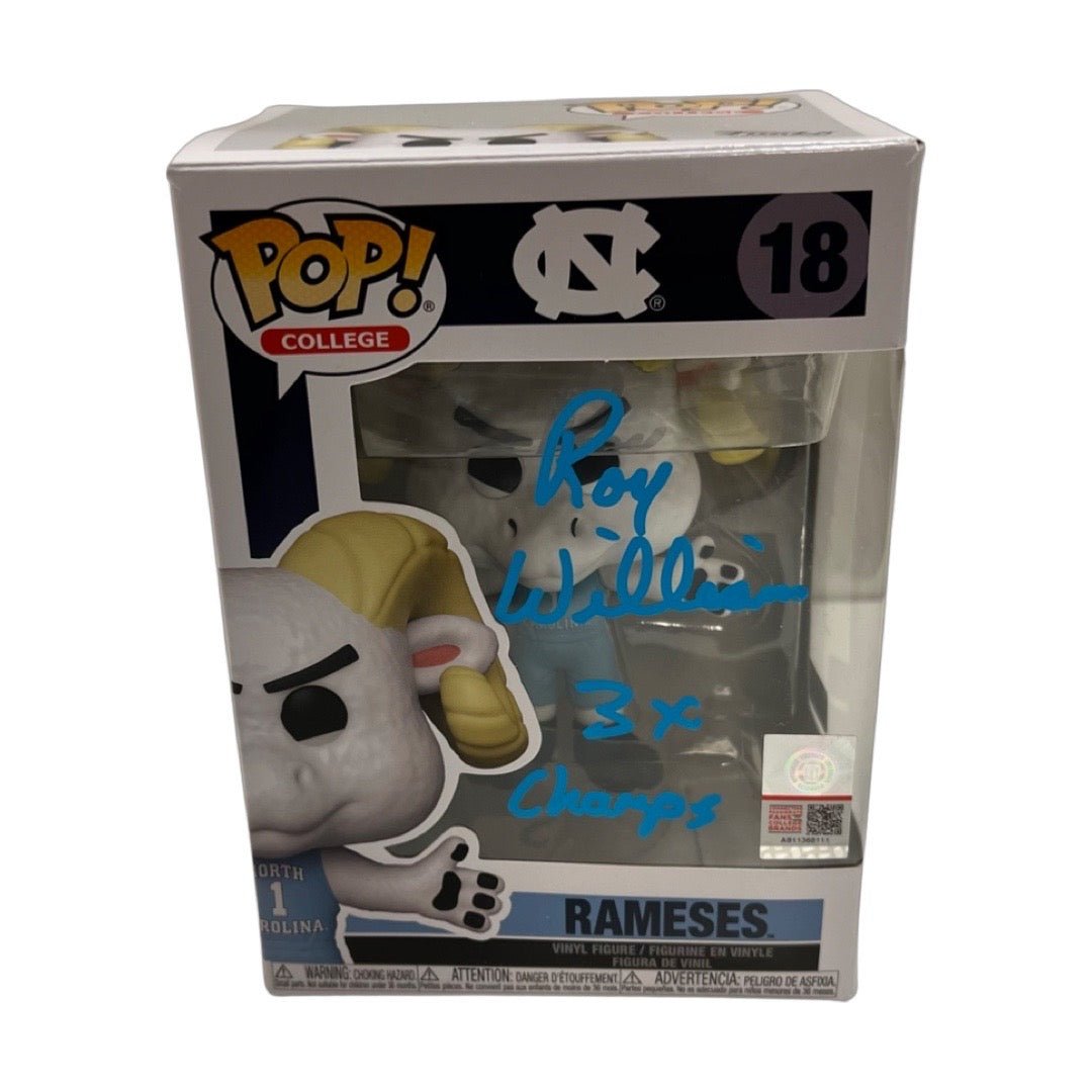 Roy Williams Autographed University of North Carolina Rameses Funko Pop 3x Champ Inscription Blue Ink Steiner CX