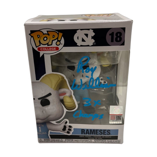 Roy Williams Autographed University of North Carolina Rameses Funko Pop 3x Champ Inscription Blue Ink Steiner CX