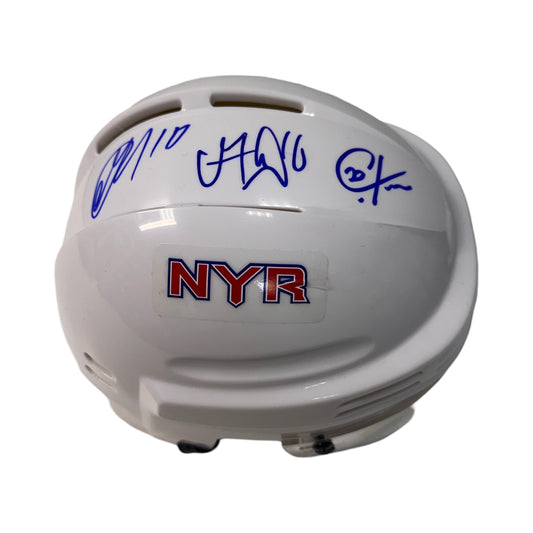 Artemi Panarin, Chris Kreider & Vincent Trocheck Autographed New York Rangers White Mini Helmet Beckett