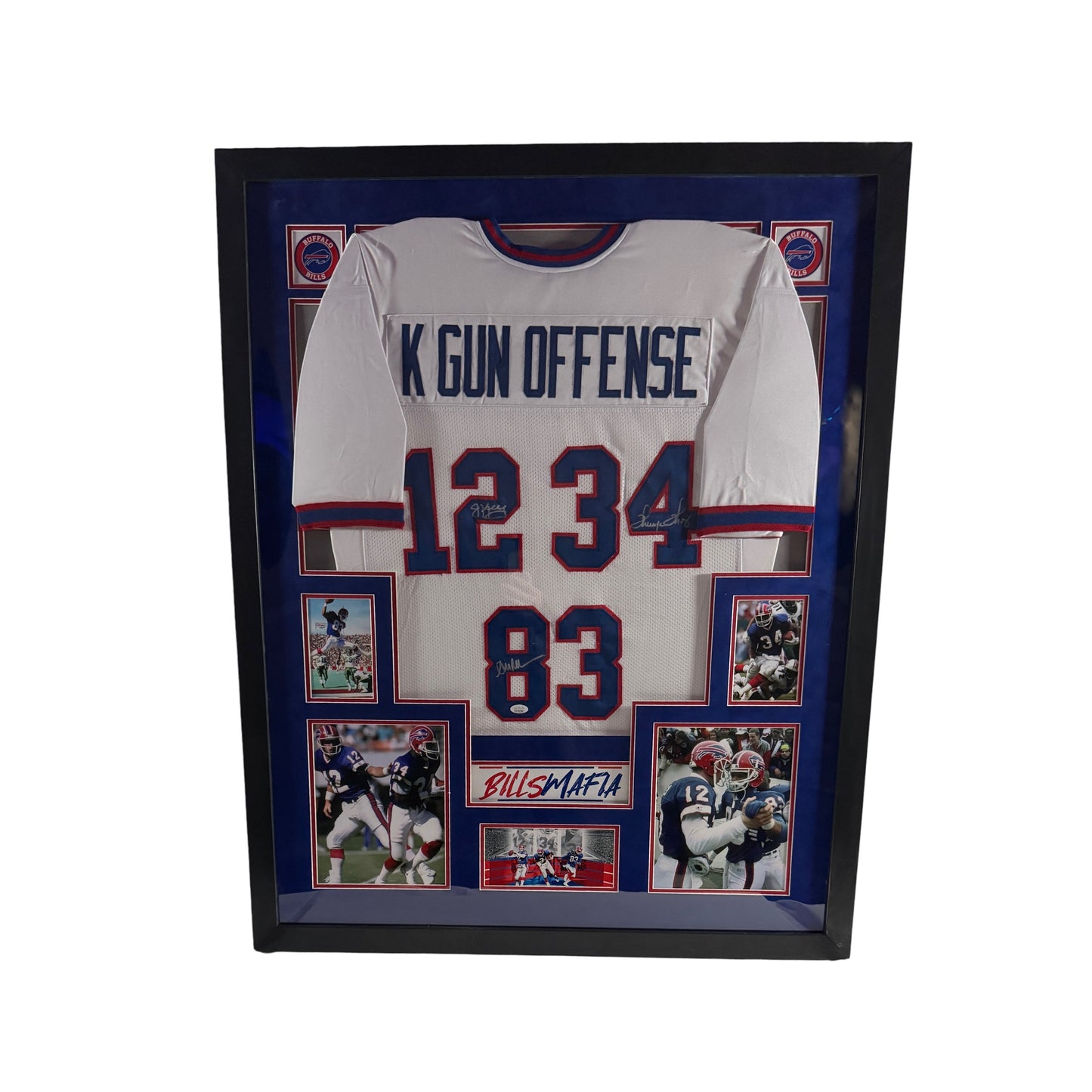 Jim Kelly, Thurman Thomas & Andre Reed Autographed Buffalo Bills K Gun Offense White Jersey JSA - Framed