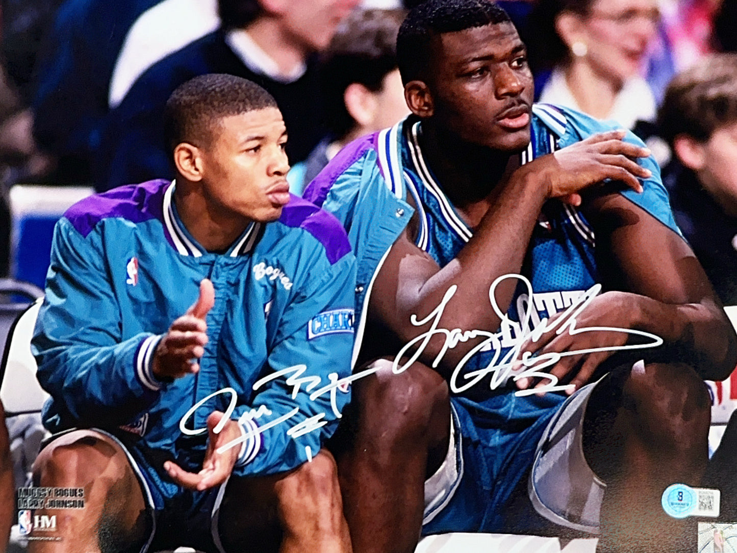 Larry Johnson & Muggsy Bogues Autographed Charlotte Hornets On Bench Horizontal 11x14 Beckett