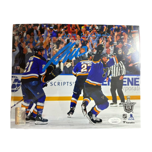 Pat Maroon Autographed St Louis Blues 8x10 2019 SC Champs Inscription JSA