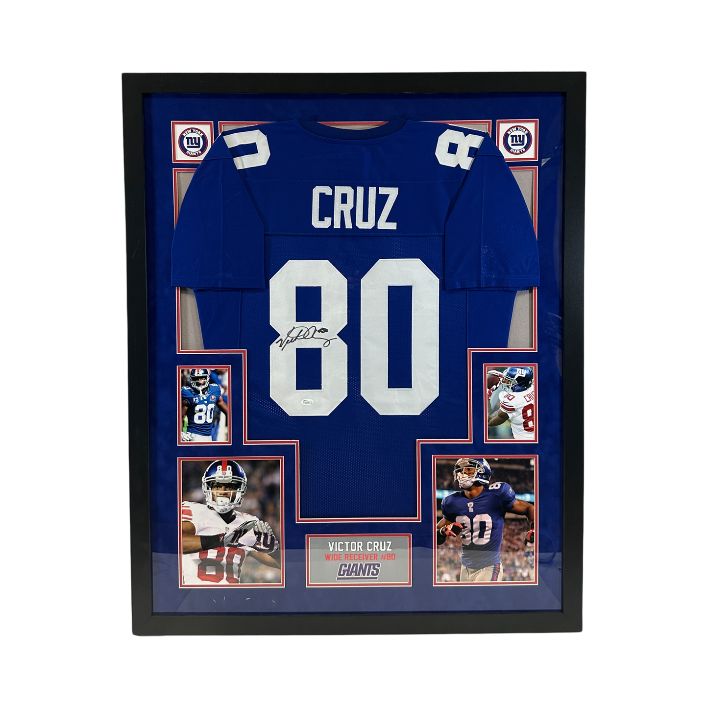 Victor Cruz Autographed New York Giants Blue Jersey Framed 32x40 JSA COA