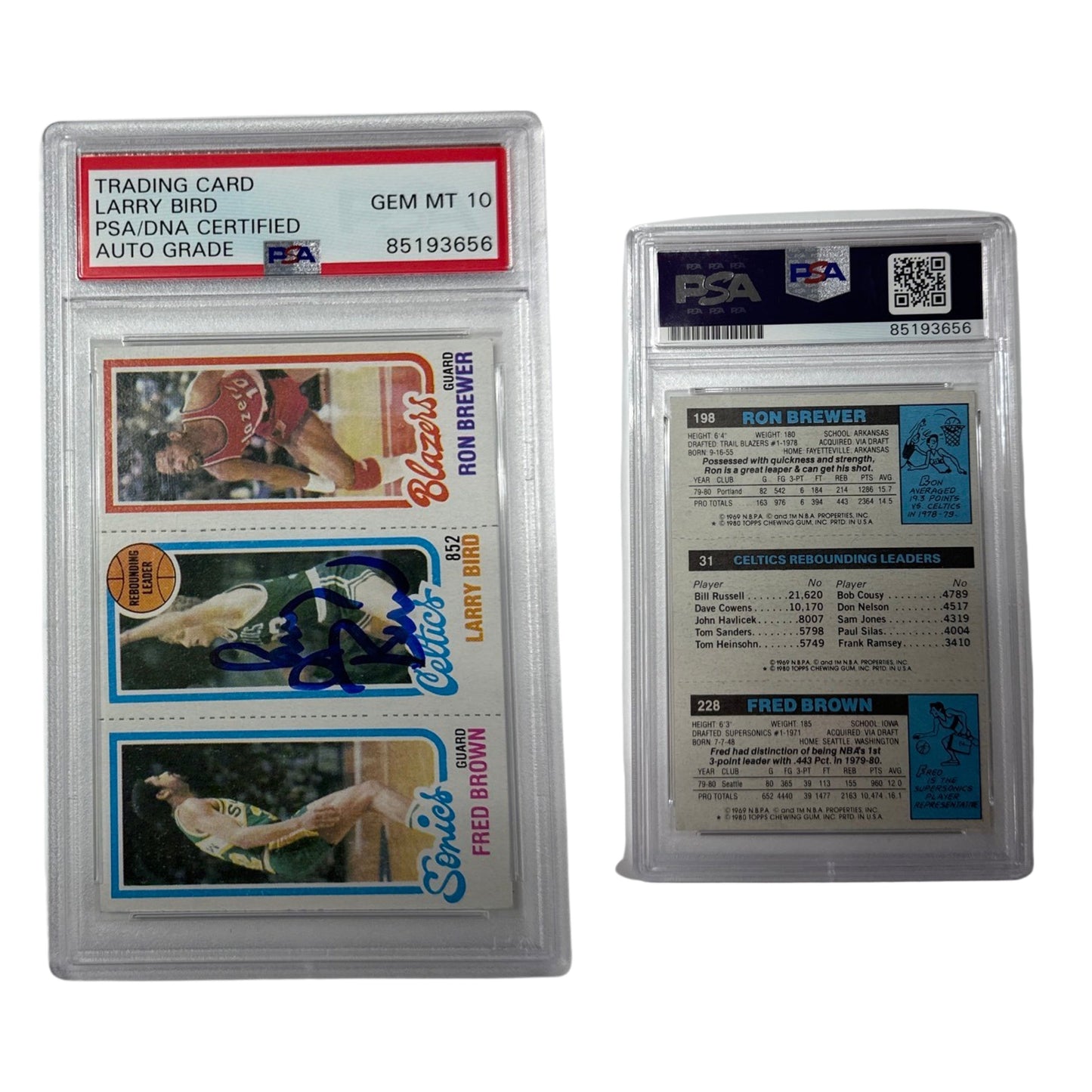 1980-81 Larry Bird Autographed Topps Rebounding Leader Blue Ink Brown, Bird, Brewer PSA Auto GEM MT 10