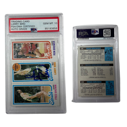 1980-81 Larry Bird Autographed Topps Rebounding Leader Blue Ink Brown, Bird, Brewer PSA Auto GEM MT 10