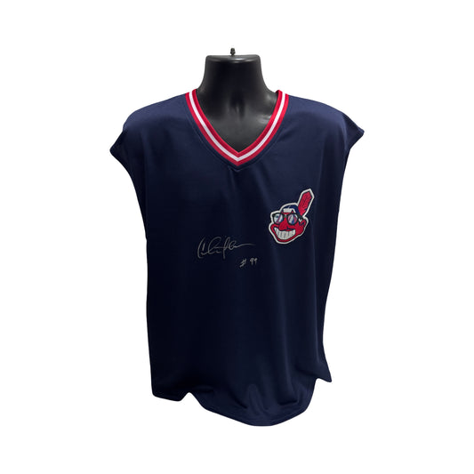 Charlie Sheen Autographed Major League Ricky Vaughn Cleveland Indians Blue Cutoff Jersey BAS