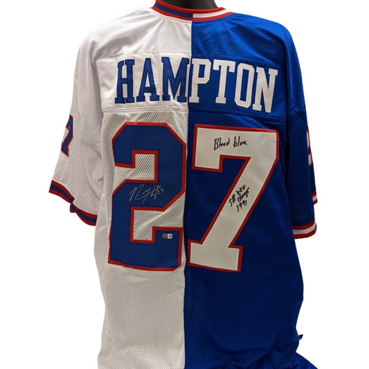 Rodney Hampton Autographed New York Giants Split Blue/White Jersey “Bleed Blue, SB XXV Champs 1991” Inscription Steiner CX