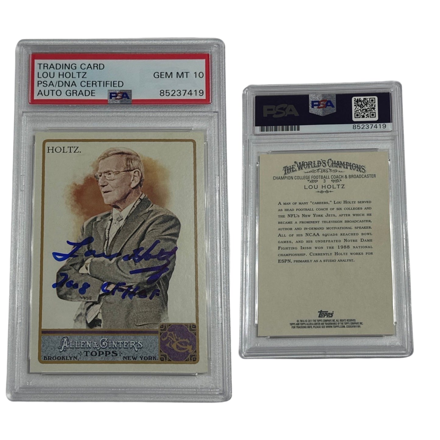 2011 Lou Holtz Autographed Topps Allen&Ginter "2008 CFHOF" Inscription #3 PSA GEM MT 10 Auto