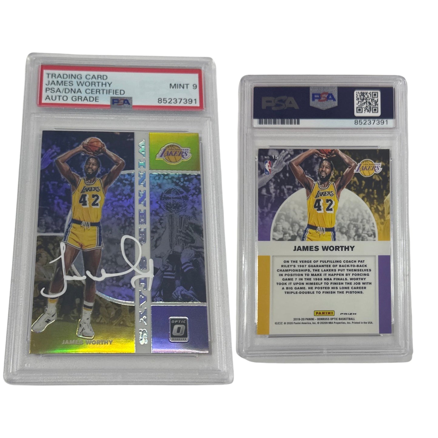 2019-20 James Worthy Autographed Panini Donruss Optic Winner Stays #15 PSA MINT 9 Auto