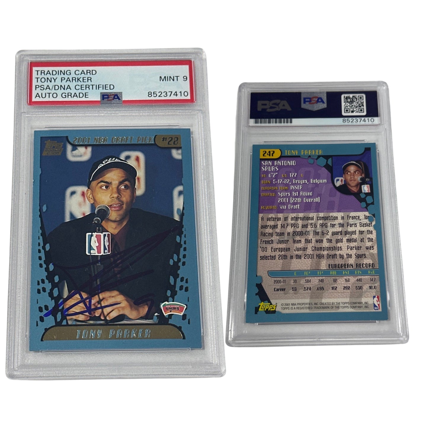2001 Tony Parker Autographed Topps NBA Draft Pick RC #247 PSA MINT 9 Auto