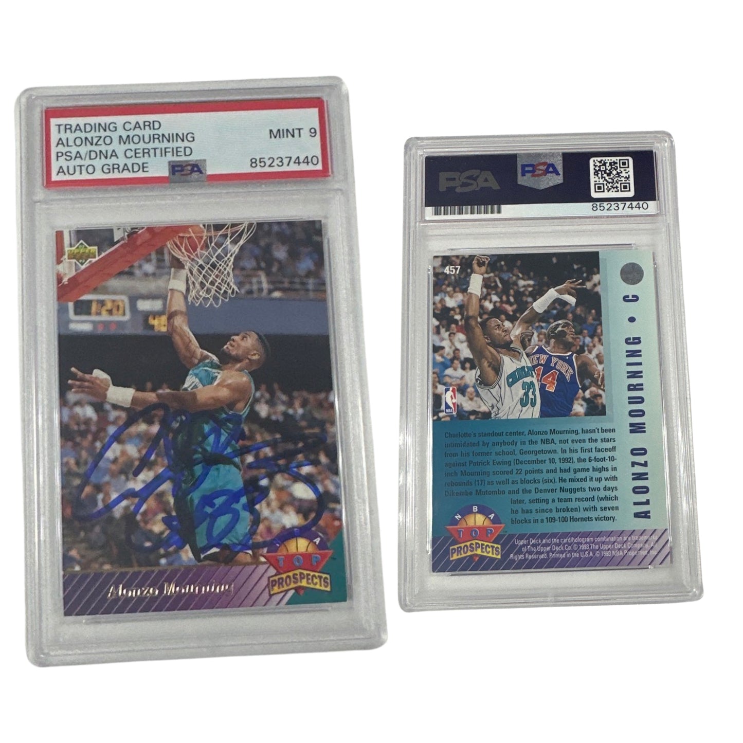 1993 Alonzo Mourning Autographed Upper Deck NBA Top Prospects #457 PSA MINT 9 Auto