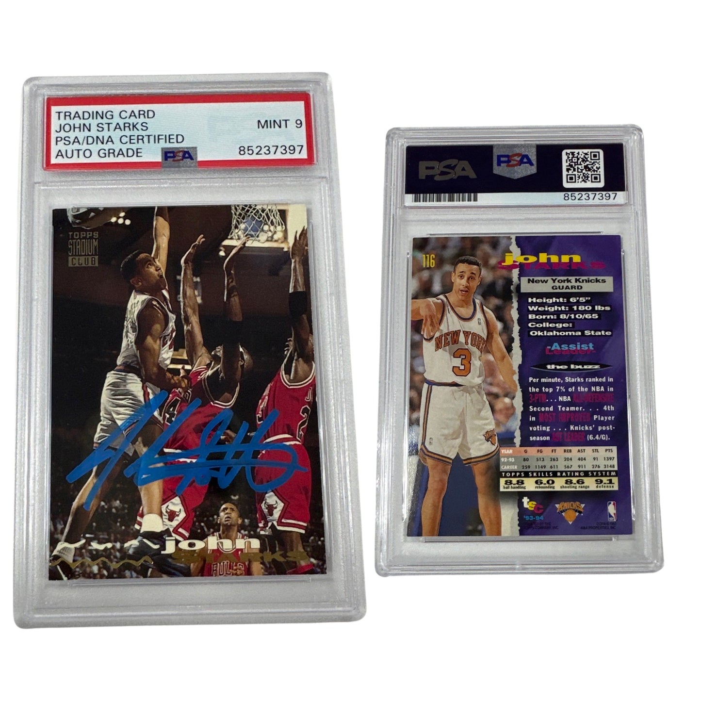 1993-94 John Starks Autographed Topps Stadium Club The Dunk #116 PSA MINT 9 Auto