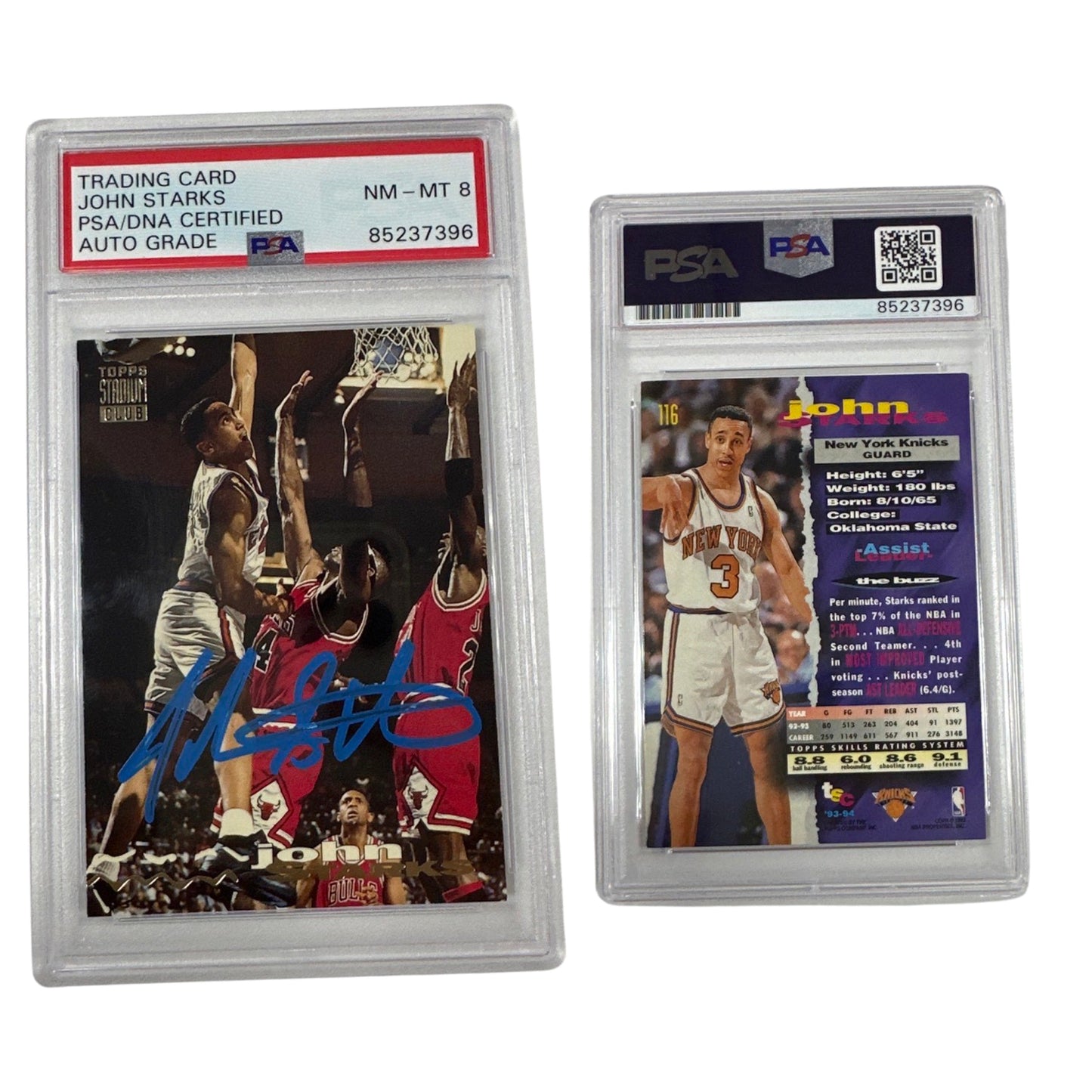 1993-94 John Starks Autographed Topps Stadium Club The Dunk #116 PSA NM-MT 8 Auto