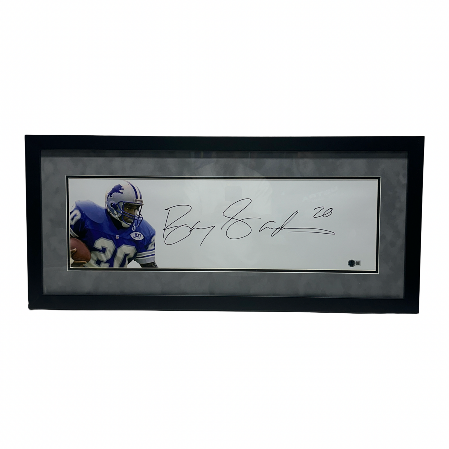 Barry Sanders Autographed Detroit Lions Signed Framed Grey Mat 8x26 Photo Beckett BAS