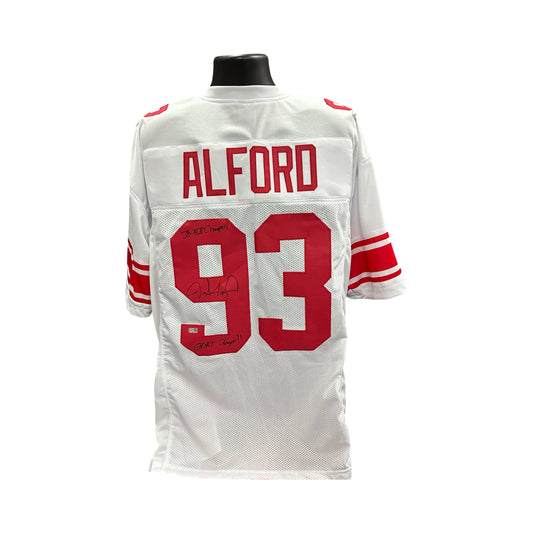 Jay Alford Autographed New York Giants White Jersey "SB XLII Champs, GOAT Slayer!!" Inscriptions Steiner CX