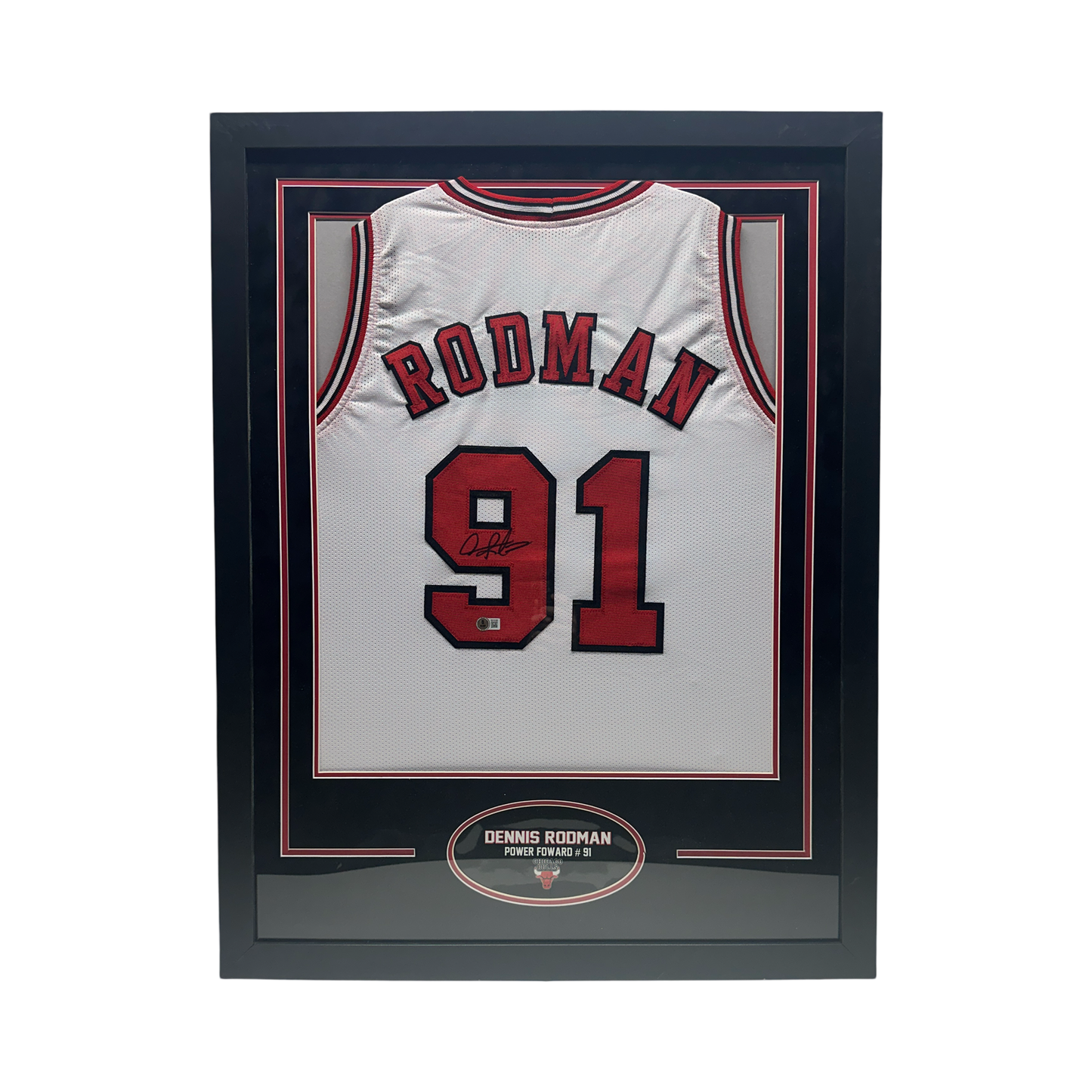 Dennis Rodman Autographed Chicago Bulls White Jersey Beckett - Framed