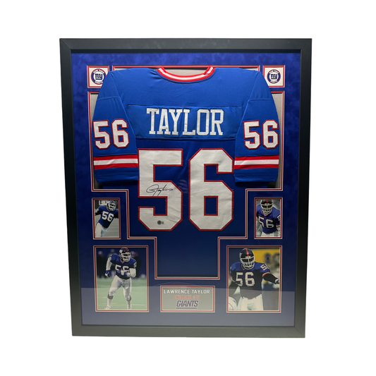 Lawrence Taylor Autographed New York Giants Blue Jersey Beckett - Framed