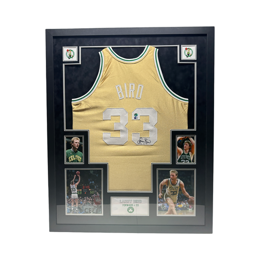 Larry Bird Autographed Boston Celtics 1985-86 Gold Mitchell & Ness Swingman Jersey Back Sig Steiner CX & Larry Bird COA - Framed